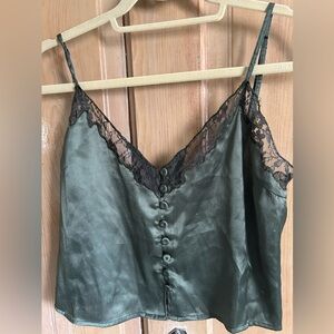 Urban Outfitters Dark Green Lace-Trim Satin Cami